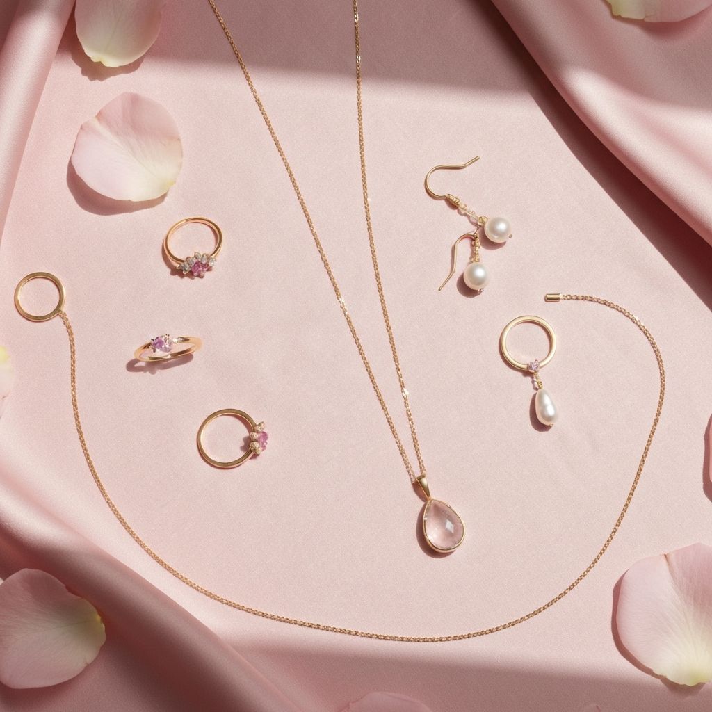 Glossy and Glow jewelry collection on blush silk